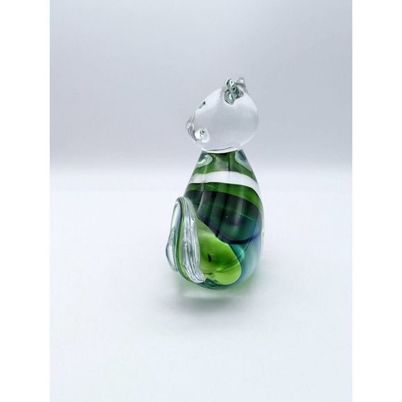 Art Glass Blue and Green Cat Figurine Curling Tail Paperweight - Picture 3 of 12